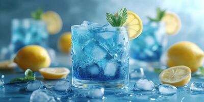Refreshing blue lemonade cocktails with ice and lemon slices on a summer day photo