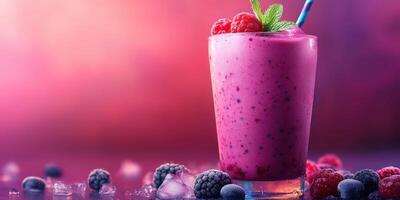 Refreshing berry smoothie served in a glass garnished with fresh raspberries and mint leaves photo