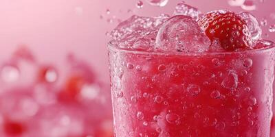 A strawberry drink is being poured into a glass photo