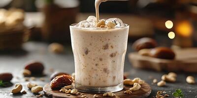 A glass of milk with nuts and nuts photo