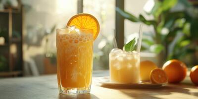 Refreshing orange juice and cocktails served in a bright cafe during a sunny afternoon gathering photo