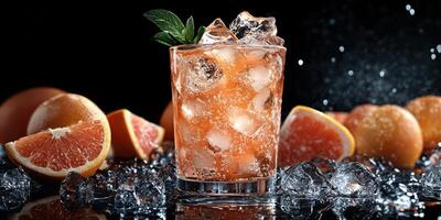 Refreshing citrus drink served over ice with vibrant oranges in the background photo