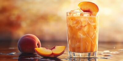 Refreshing peach beverage with ice on a summer day near a fresh peach photo