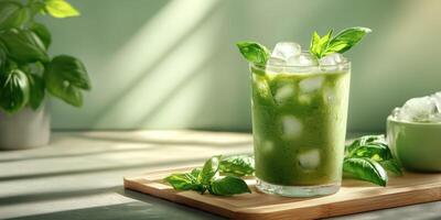 A green drink with ice and basil leaves photo