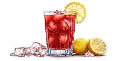 Refreshing drink with lemon and ice in a clear glass on a bright background photo