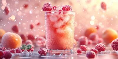 Refreshing raspberry drink with ice and citrus on a vibrant summer background photo