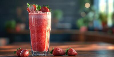 A strawberry smoothie with strawberries on top photo