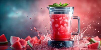 Refreshing watermelon smoothie blend with mint leaves and ice in a vibrant kitchen setting photo