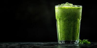 Refreshing green smoothie served in a tall glass with ice on a dark background for a healthy beverage option photo