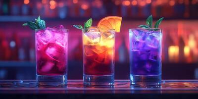 Colorful cocktails on the bar during a lively nightlife setting in a vibrant urban location photo