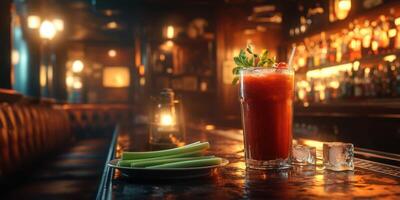 Refreshing Bloody Mary sits on a rustic bar with celery sticks and ice in an intimate evening setting photo