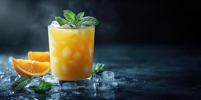 Orange juice with mint leaves and ice cubes photo