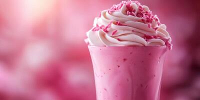 Delicious pink milkshake topped with whipped cream and colorful sprinkles on a bright background photo