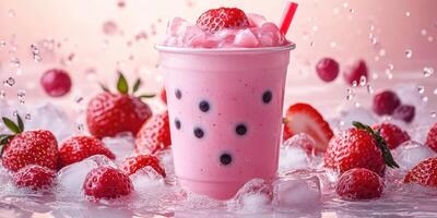 Fresh strawberry bubble tea with ice and vibrant berries on display photo