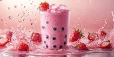 Refreshing strawberry bubble tea drizzled with splashes of water and surrounded by fresh strawberries during a sunny day photo
