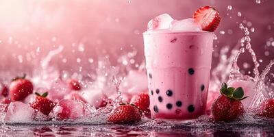 Refreshing strawberry bubble tea with ice and splashes on a vibrant background photo