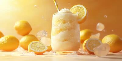 Refreshing lemon slush served with fresh lemons and ice on a sunny day photo