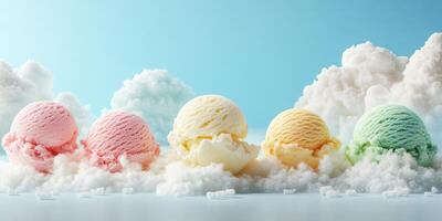 Colorful scoops of ice cream arranged on cloud-like bases create a dreamy dessert display in a bright setting photo