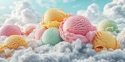 Colorful ice cream scoops amidst fluffy clouds on a sunny day creating a dreamy dessert landscape photo