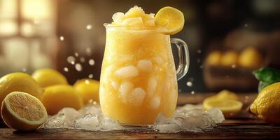 Refreshing lemon slush drink presented in a glass pitcher with frosty ice and vibrant lemons photo