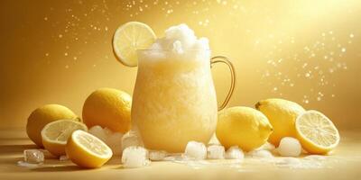 Refreshing lemon beverage with ice and fresh lemons on a golden background at a summer gathering photo
