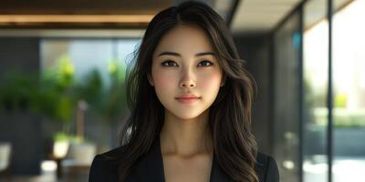 Portrait of a confident woman in a modern office setting during daylight, showcasing professional demeanor and elegance photo