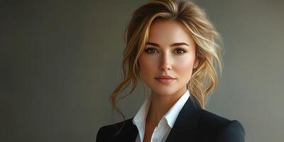 Confident woman in a tailored suit poses against a neutral background in an elegant portrait photo
