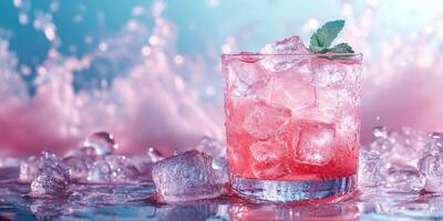 Refreshing fruit cocktail with ice cubes, mint leaf, and vibrant splash at a summer gathering photo