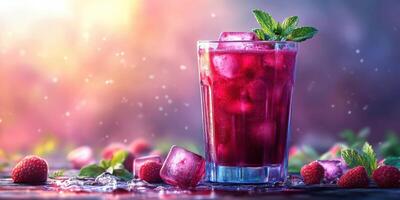 Refreshing raspberry cocktail garnished with mint on a colorful background during summer photo