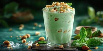 A green smoothie with nuts and mint leaves photo