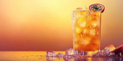 Refreshing tropical drink served on a bar with ice and a slice of fruit against a warm sunset backdrop photo