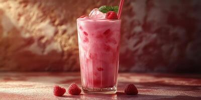 Refreshing raspberry smoothie in tall glass garnished with fresh mint near juicy raspberries on textured surface photo