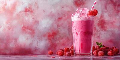Refreshing raspberry smoothie served with ice and garnished with berries on a pink textured background photo