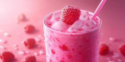 Refreshing raspberry smoothie served in a chilled glass with ice cubes and a straw, perfect for warm days and summer gatherings photo