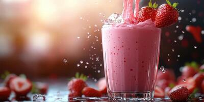Refreshing strawberry smoothie splash captured in a glass with fresh berries surrounding it photo