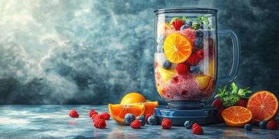 Fresh fruit blend prepared in a modern blender with vibrant colors and textures set against a dramatic backdrop photo