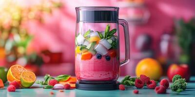 Colorful fruit smoothie blend preparation on a vibrant kitchen countertop with fresh ingredients around photo