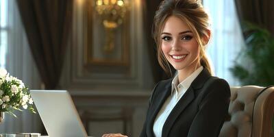 Professional woman working at a desk in an elegant office during the day with a laptop and a flower arrangement photo