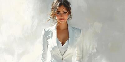 Confident woman in a sleek white suit poses elegantly against a light background in a bright setting photo