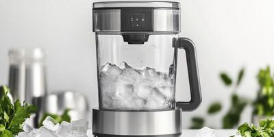 Blender filled with ice ready for refreshing drinks in a modern kitchen setting with plants photo