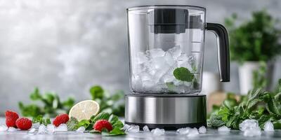 Mint and berry ingredients in a modern blender on a kitchen countertop ready for a refreshing drink photo