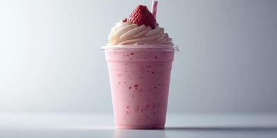 Delicious strawberry milkshake topped with whipped cream and fresh berries served in a clear cup photo