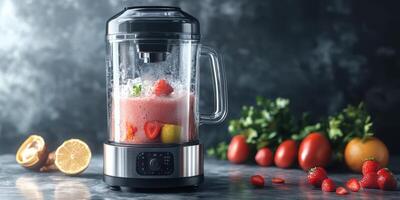 Strawberry and citrus smoothie preparation in a modern blender on a kitchen counter photo