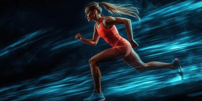 A woman running in the dark with blue light photo