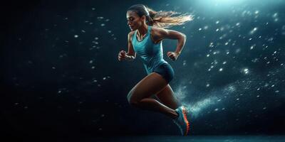 A woman running in the dark with water splashing on her photo
