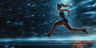 A woman running in the dark with light coming from her photo