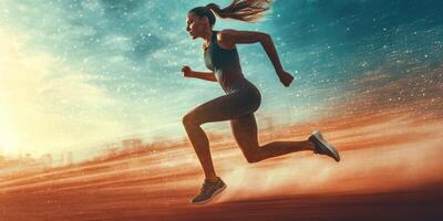 A woman running on a track with a sunset in the background photo