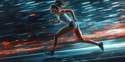 A woman running in the dark with a lot of light photo