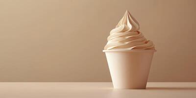 Soft serve ice cream in a plain white cup against a light brown background photo