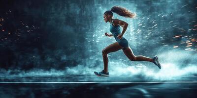 A woman running in the dark with smoke coming out of her mouth photo